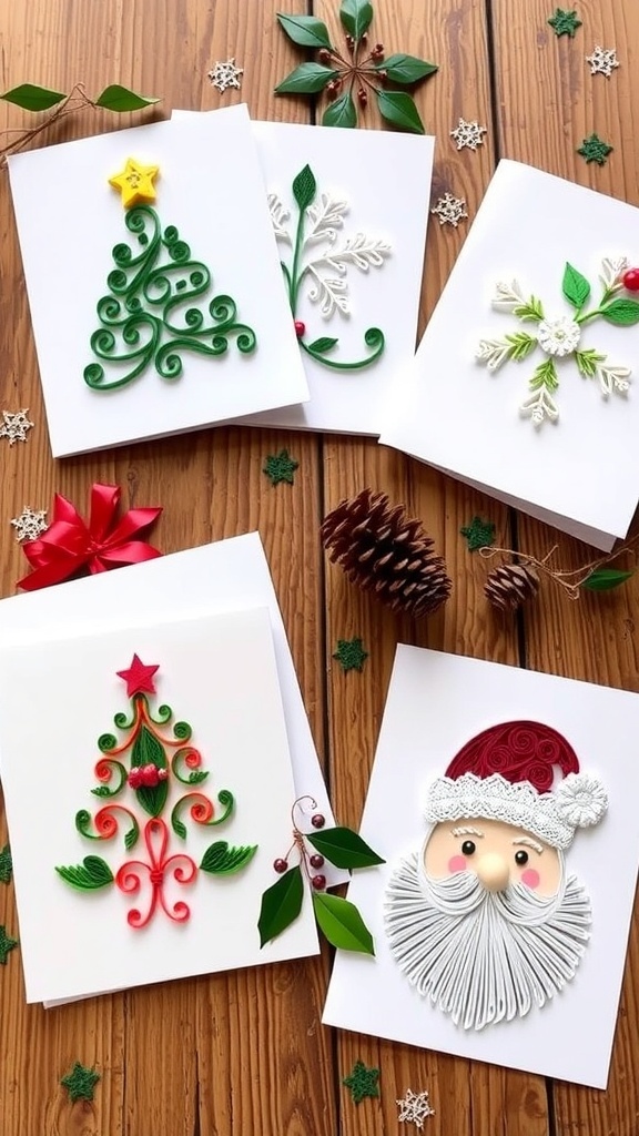 A variety of quilled Christmas cards featuring trees, snowflakes, and Santa on a wooden table with holiday decorations.